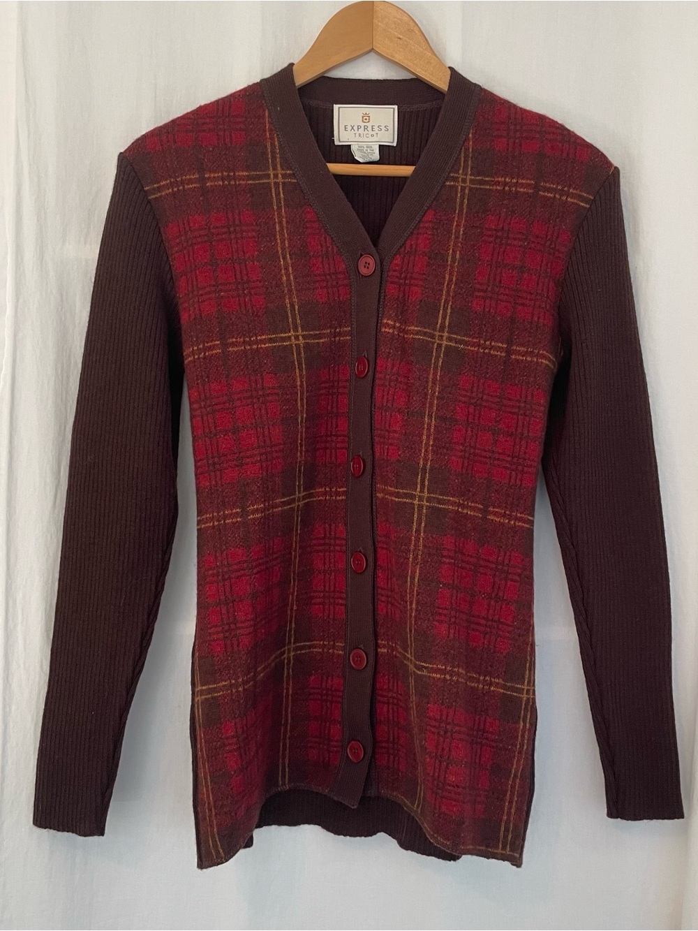 Express Tricot Red & Brown Wool Plaid Cardigan